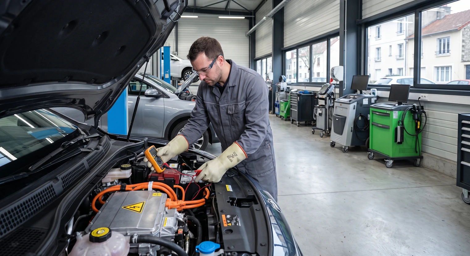 Technicien en blouse de travail grise professionnelle dans un atelier automobile moderne et bien éclairé, en train de travailler sur le compartiment moteur ouvert d'un véhicule électrique ou hybride. Le technicien porte des gants de protection et utilise un multimètre ou un outil de diagnostic pour effectuer un contrôle sur les composants électriques haute tension, visiblement marqués par des étiquettes de sécurité jaunes distinctives. En arrière-plan, d'autres véhicules en atelier et du matériel professionnel de diagnostic. L'ambiance doit refléter le professionnalisme, la technicité et la modernité d'un garage spécialisé dans les nouvelles motorisations.