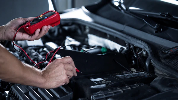 Mécanicien automobile en combinaison bleue professionnelle, debout devant un diagnostic informatique sur écran tactile d'atelier automobile, établissant les paramètres de réparation d'un véhicule hybride. L'écran affiche des données techniques de diagnostique OBD (batterie hybride, système électrique haute tension, moteur thermique). En arrière-plan, un véhicule hybride ou électrique sur pont de levage. L'image doit souligner la précision, la rigueur diagnostique et la maîtrise technologique, illustrant le professionnalisme et la sériosité du garage face aux véhicules modernes.